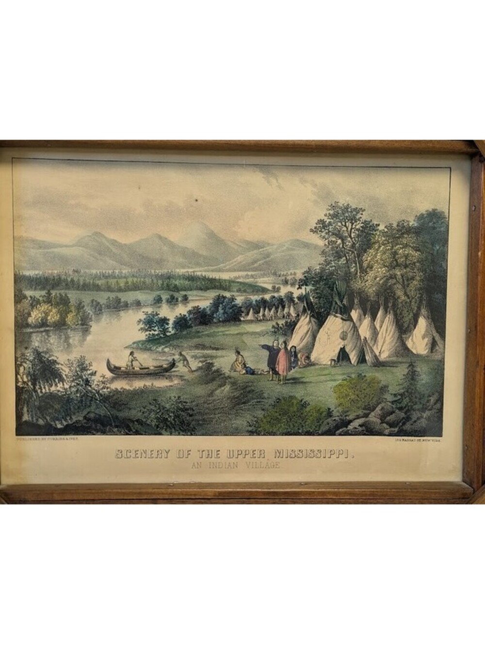 Currier & Ives Hand Colored Lithograph Scenery Upper Mississippi Indian Village